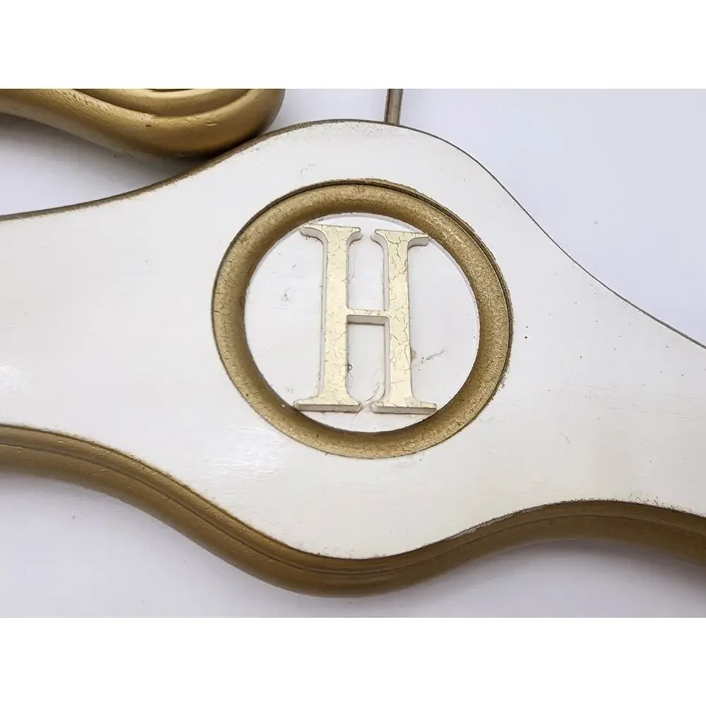Vtg Lot of 6 Wood Coat Hangers White Gold Hollywood Regency Hotels 1950's